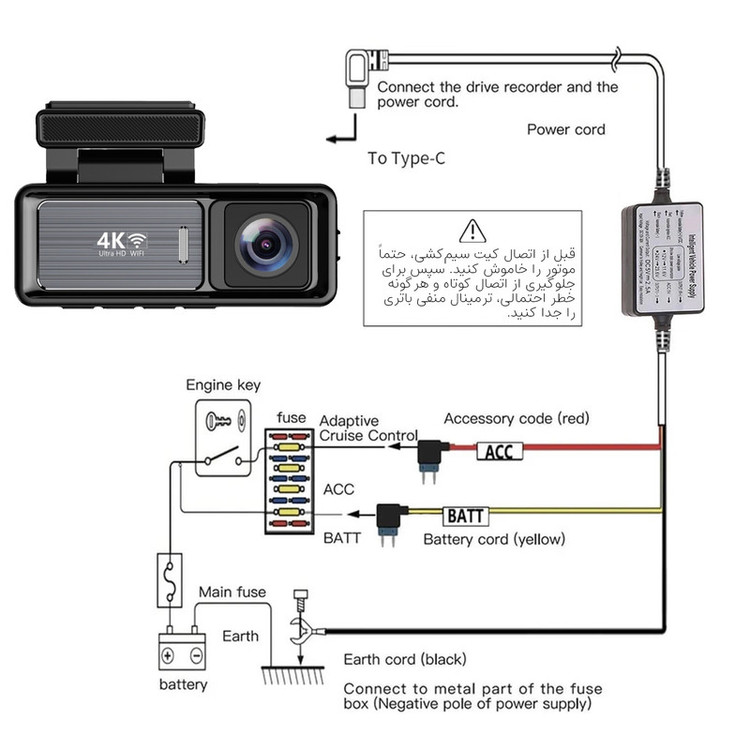 دوربین ثبت وقایع خودرو اتوویژن مدل M6 4K-WiFi به همراه دوربین عقب و رم 64 گیگ بایت و کیت برق مستقیم
