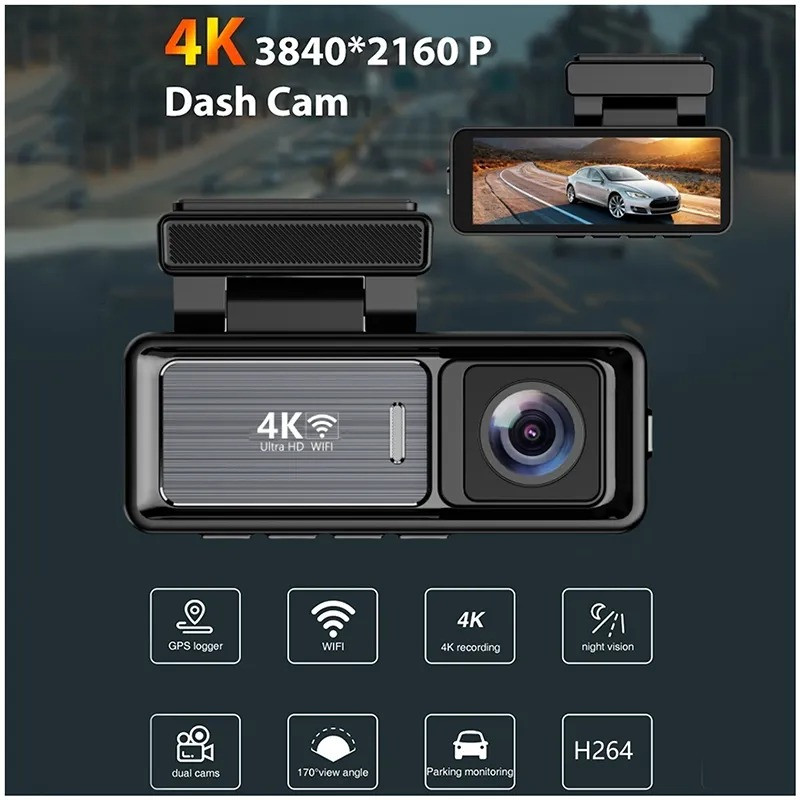 دوربین ثبت وقایع خودرو اتوویژن مدل 4kUHD به همراه دوربین عقب و رم 64 گیگ بایت و کیت برق مستقیم