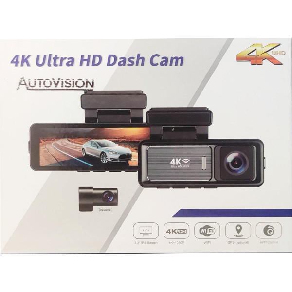 دوربین ثبت وقایع خودرو اتوویژن مدل 4kUHD به همراه دوربین عقب و رم 64 گیگ بایت و کیت برق مستقیم